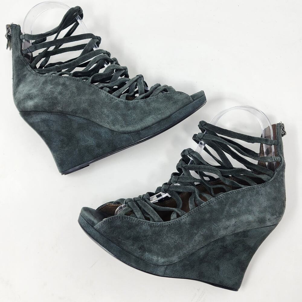 B. Makowsky Wedge Heels Women 6.5 Famie Green Suede strappy platform Peep Toe - Picture 7 of 9